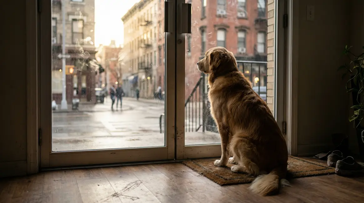 Chien derriere une porte regardant dehors