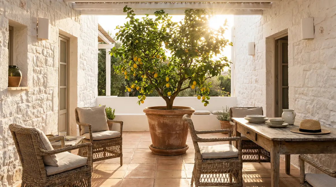 Citronnier Carrubaro en pot dans un salon lumineux