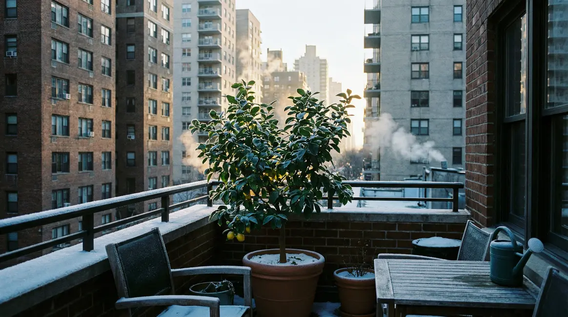 citronnier en pot feuillage dense sur balcon urbain matin froid