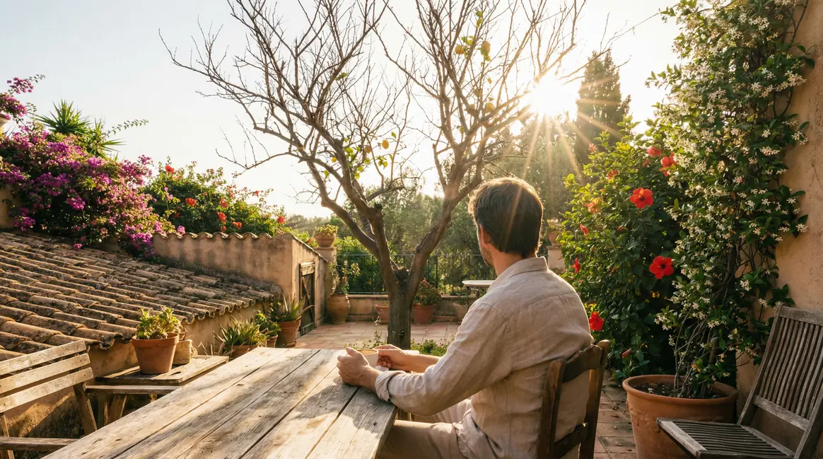 citronnier sans fruit sur terrasse mediterraneenne baignée de soleil