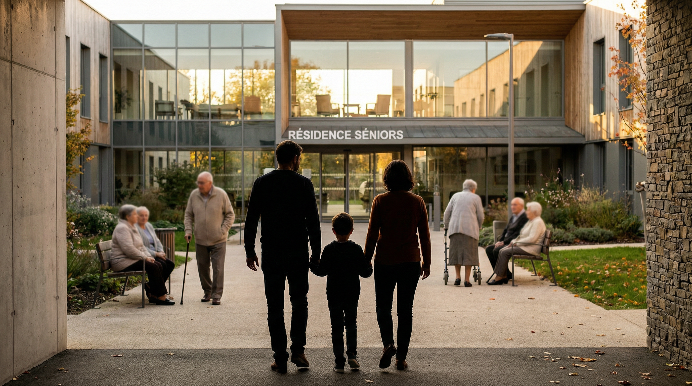 Famille devant maison de retraite crise vieillissement