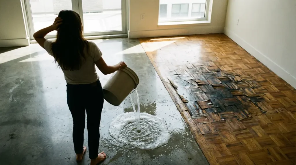 Femme verse eau sur sol brillant et parquet abîmé