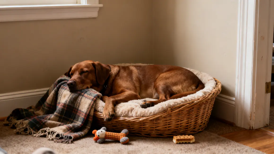 Panier moelleux, labrador caramel calme, coin salon