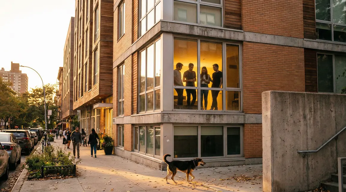 Jeunes colocataires regardent une chienne dans un immeuble à Bristol