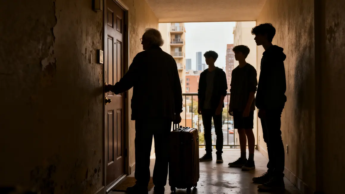 colocation intergenerationnelle arrivee personne agee valises jeunes silhouettes