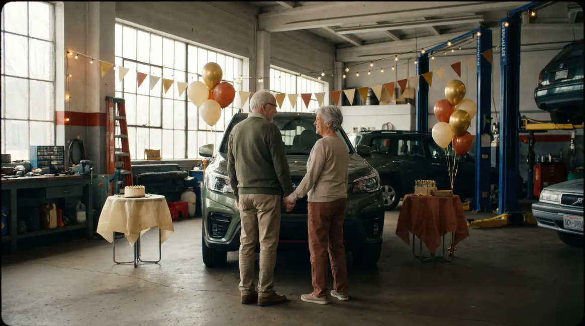 Couple age devant Porsche Macan anniversaire