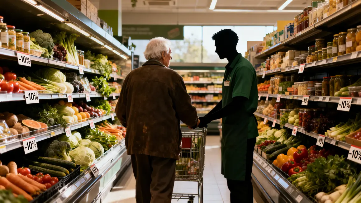 Senior aidé par employé dans supermarché calme