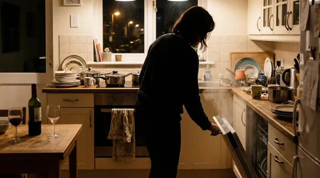 Femme ouvre lave vaisselle vapeur cuisine familiale