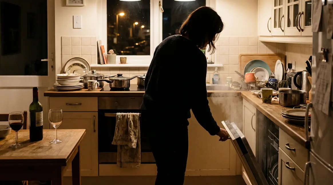 Femme ouvre lave vaisselle vapeur cuisine familiale