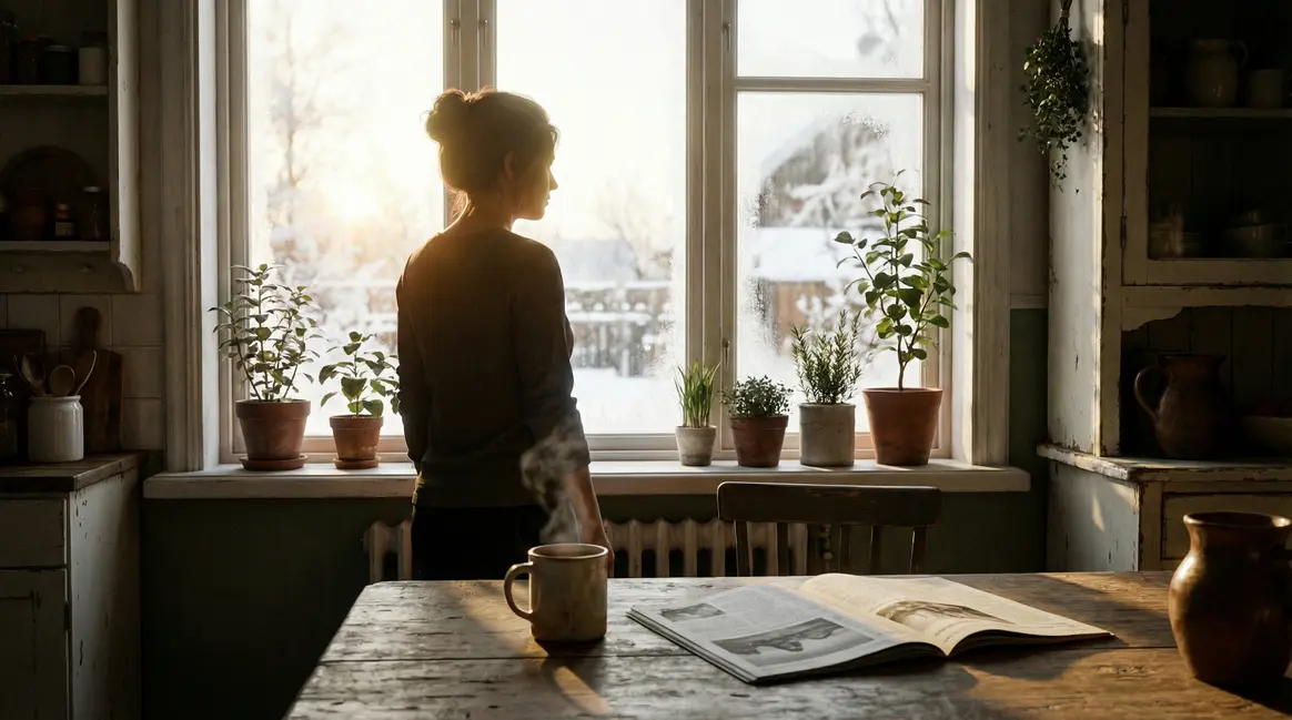 Femme devant fenetre hiver citronnelle cuisine