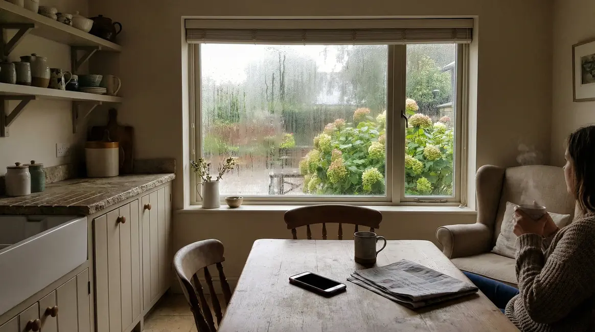 vue realiste cuisine pluie smartphone hortensias sans fleurs