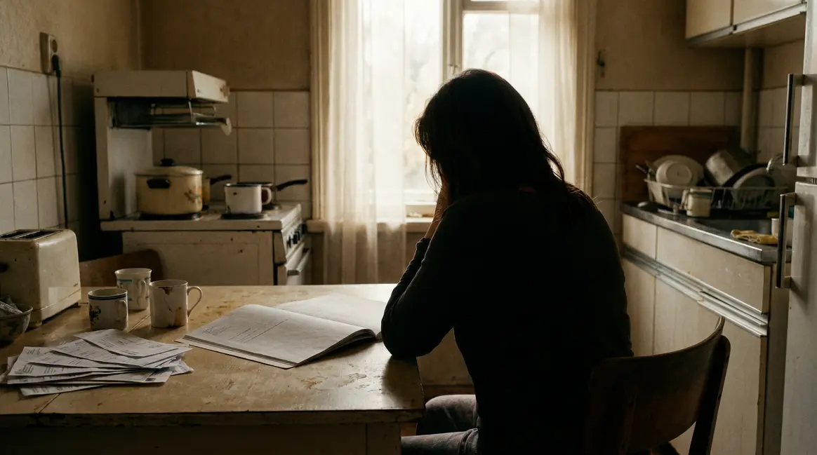 Femme ouvre avis d'imposition, anxiété cuisine matin