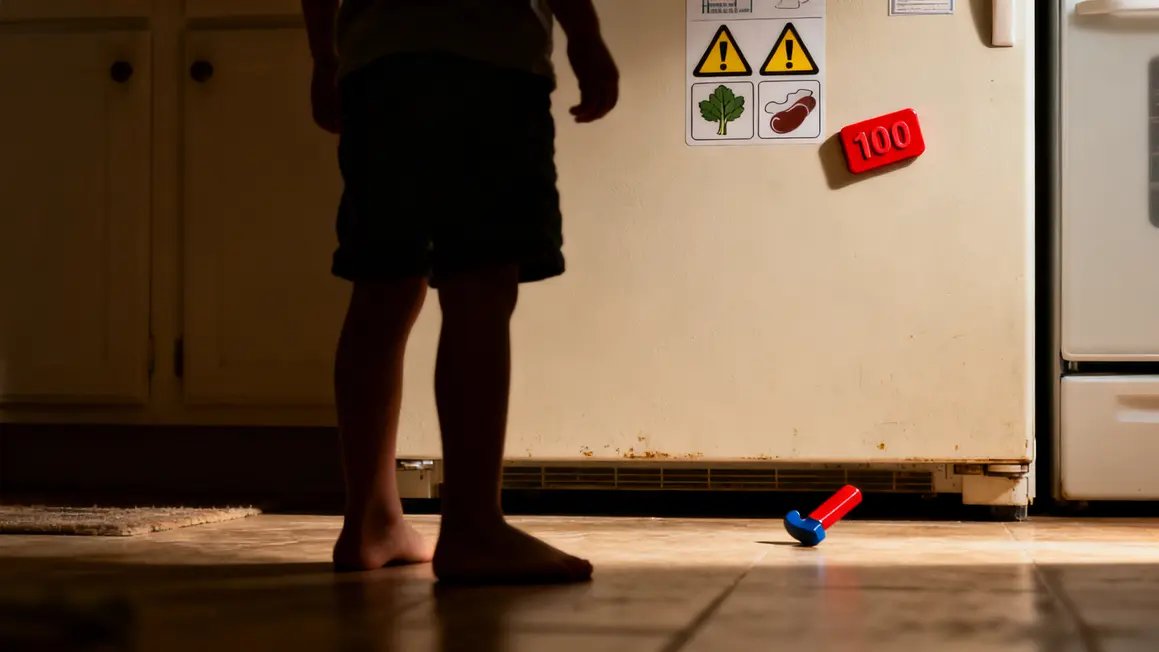 Enfant devant frigo et magnet risque santé