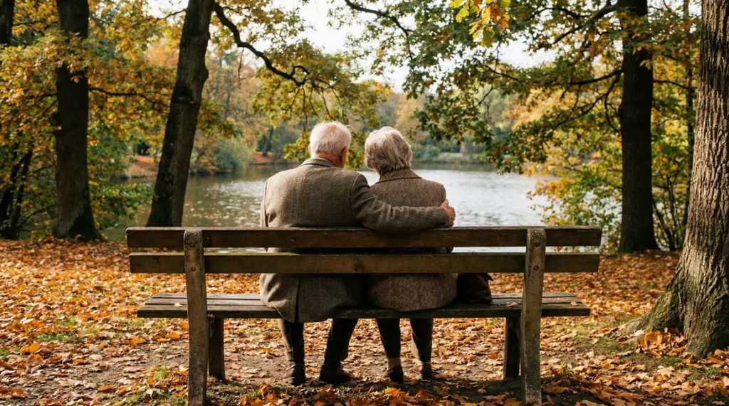 Couple de seniors assis au parc début de relation