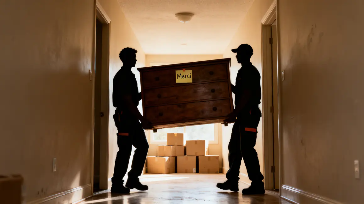 Déménageurs, commode, cartons et remerciement