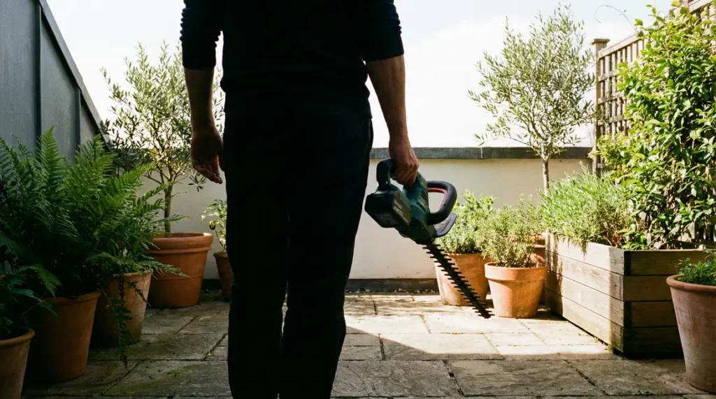 terrasse urbaine propre avec desherbeur sans fil ferm