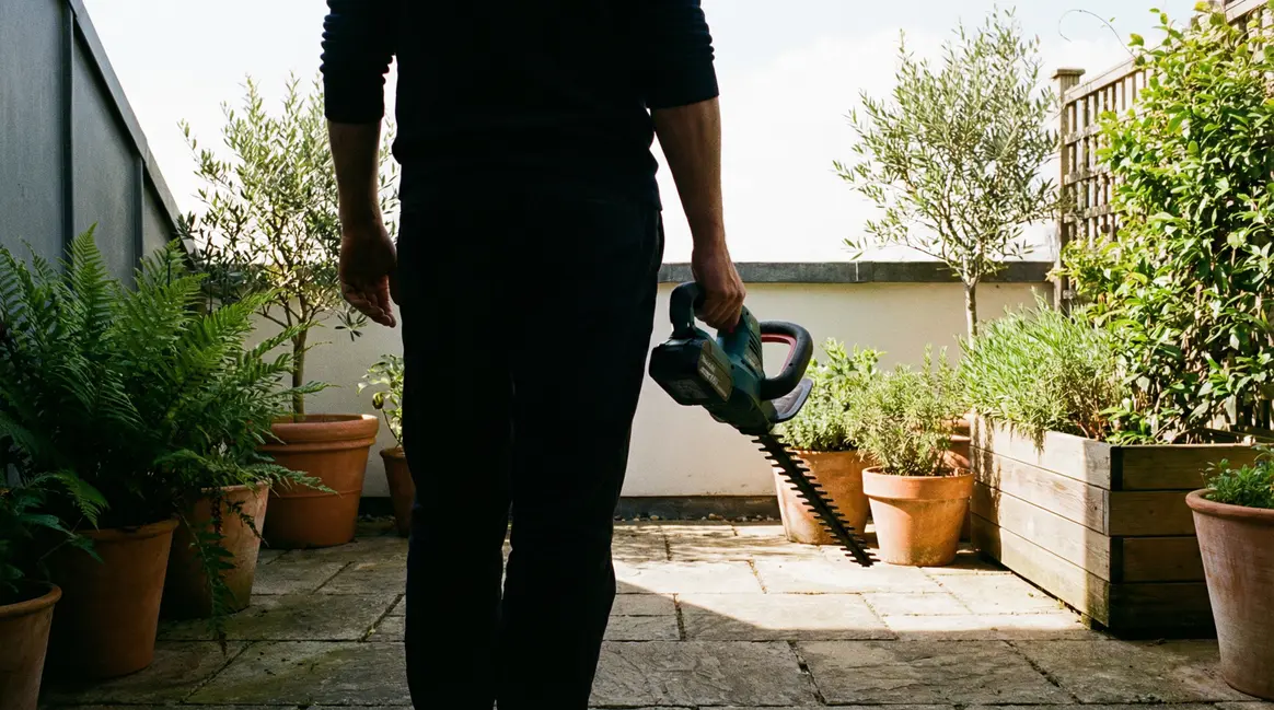 terrasse urbaine propre avec desherbeur sans fil ferm
