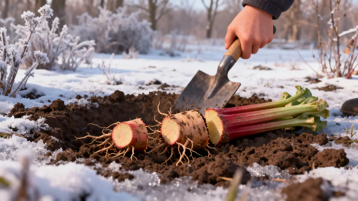 Division rhubarbe racines bêche gelée