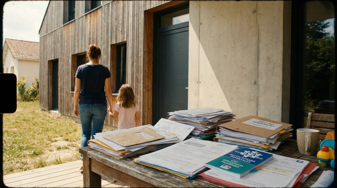Mère et fille devant maison avec dossiers administratifs