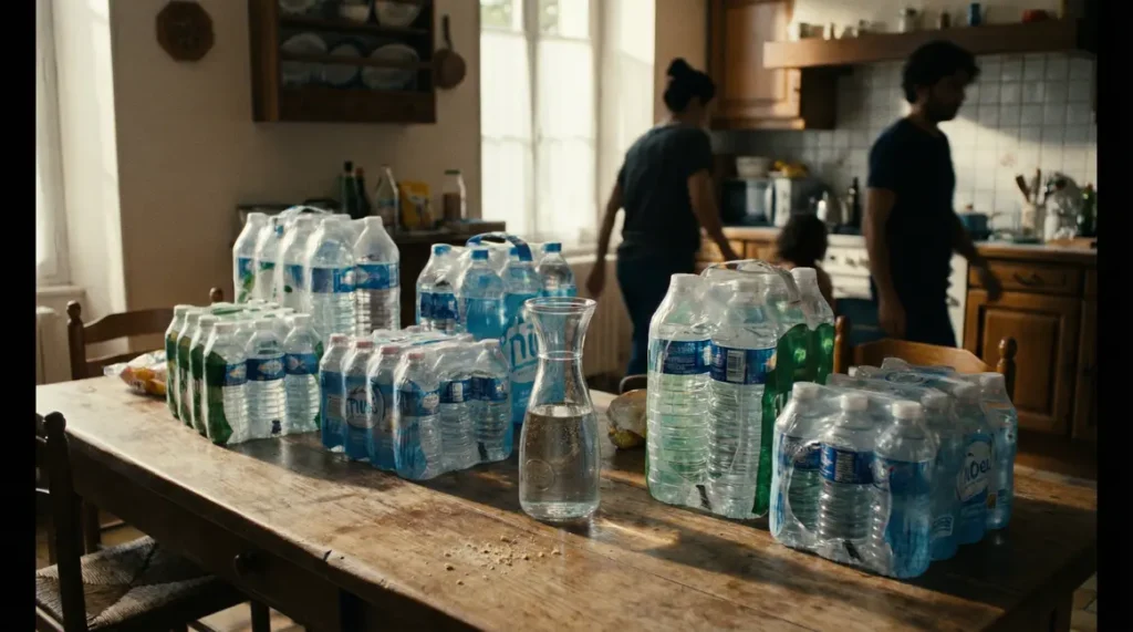 packs d'eau plastique et carafe sur table familiale