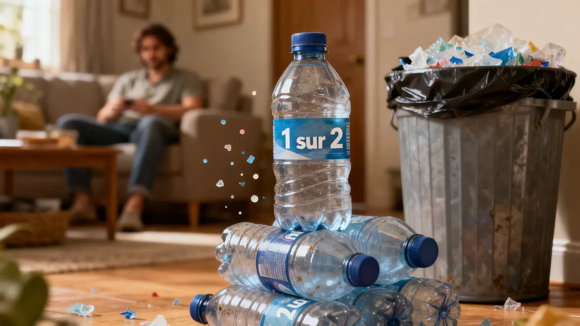 Pollution plastique, microplastiques, bouteille non recyclée