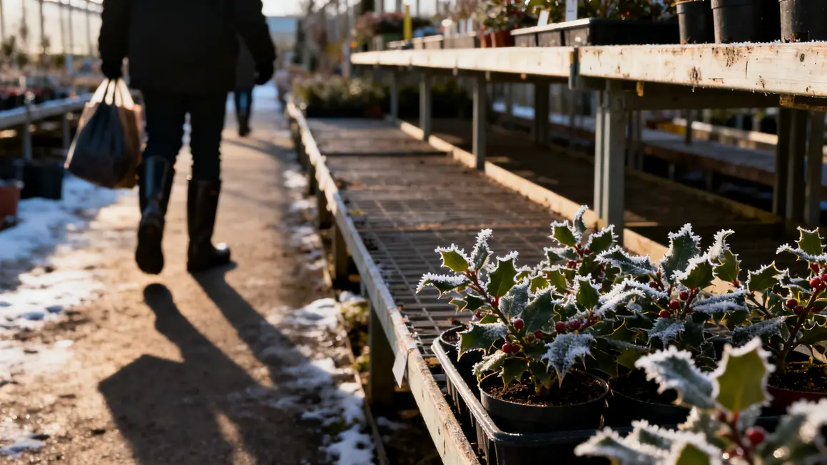 Clients cherchent du houx en pépinière hiver