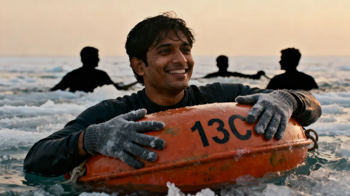 File indienne baignade hivernale mer froide 13C