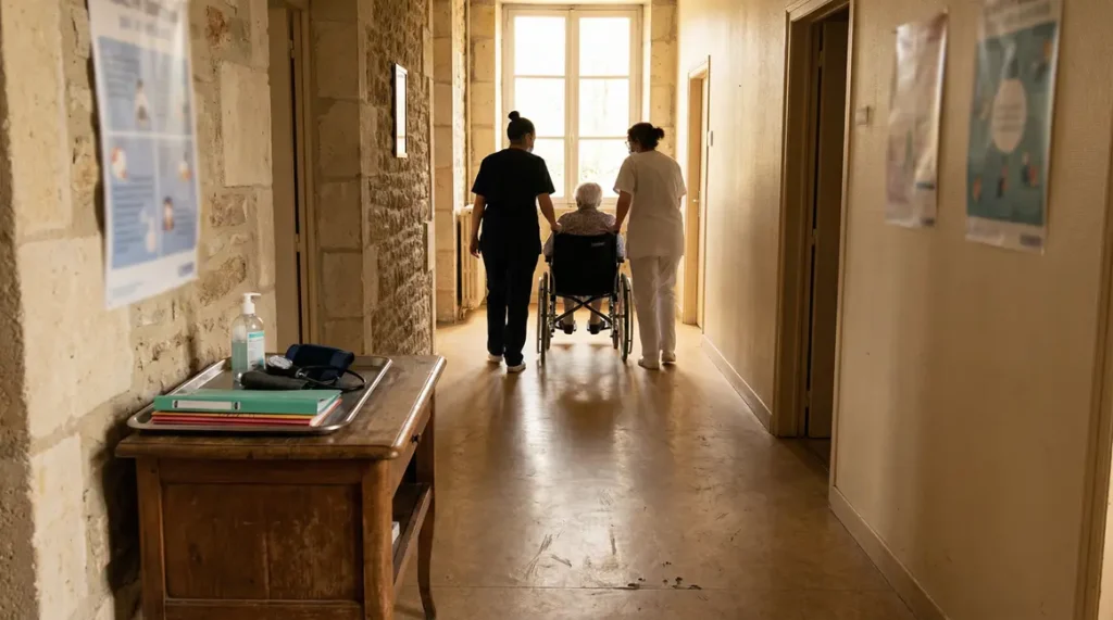 Scène EHPAD rural infirmiers résident biologie médicale