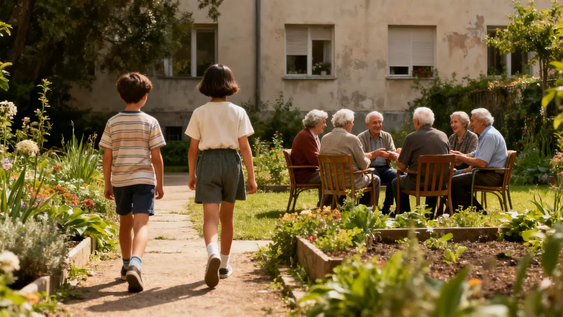 Enfants rejoignent des seniors dans le jardin