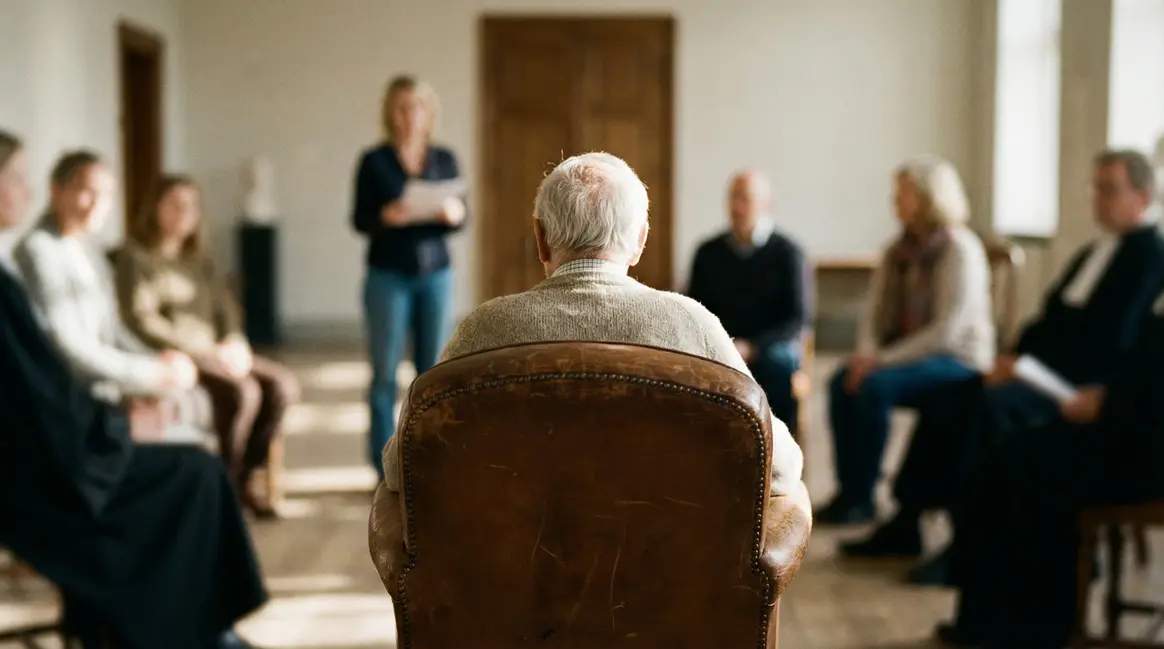 Personne âgée assise entourée curateur famille juge EHPAD