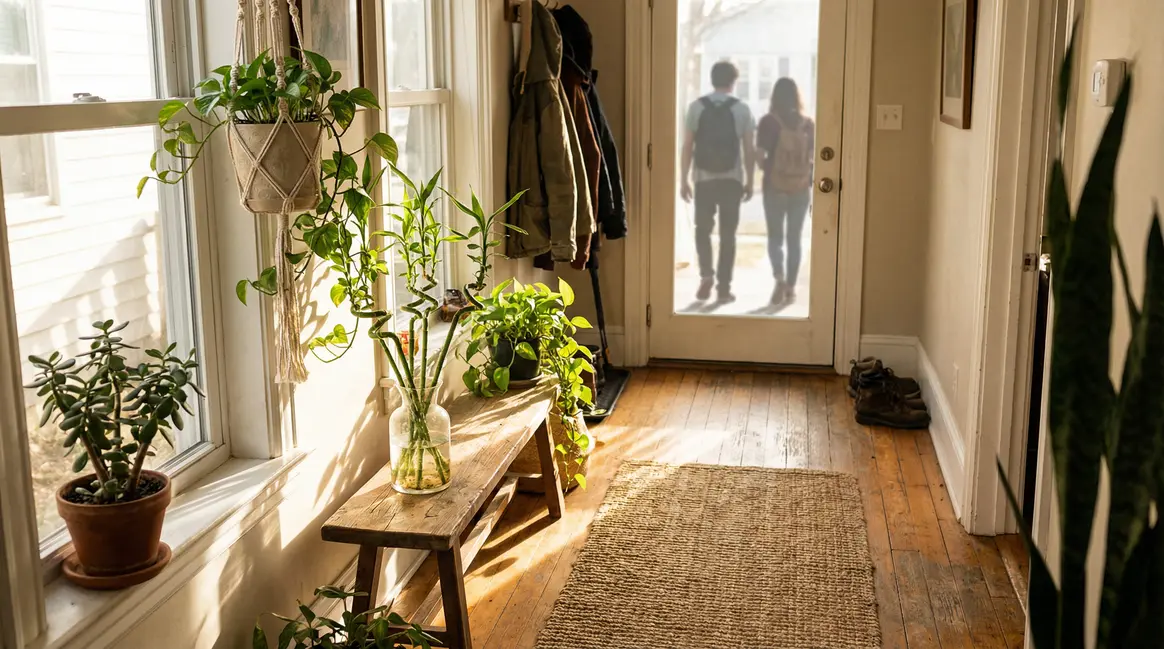 entrée maison plantes pothos lucky bamboo jade ambiance apaisante