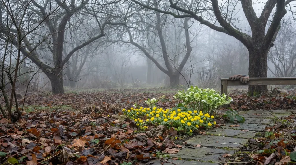 jardin hivernal gris avec eranthe d'hiver fleuris