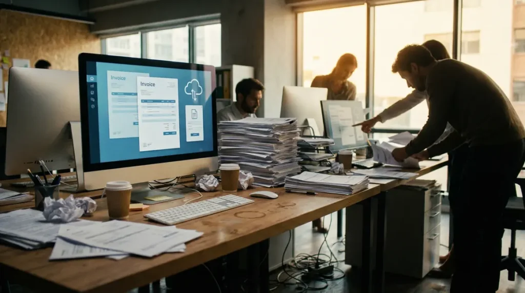 bureau piles de papiers ordinateur factures numeriques