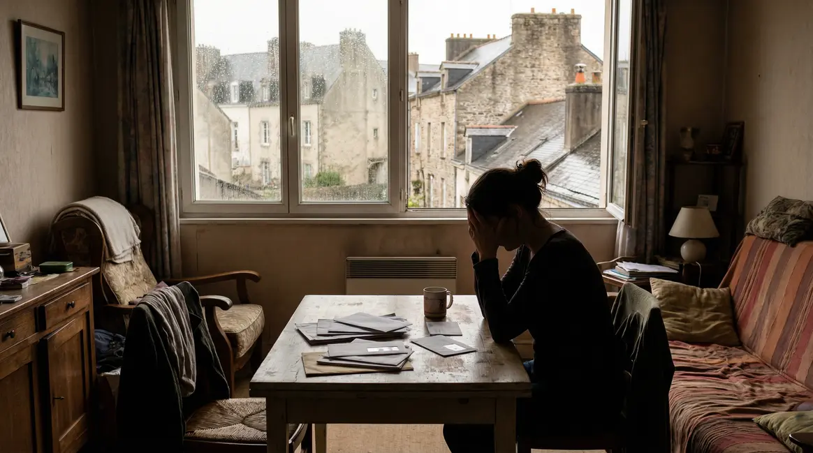 Femme inquiète face aux factures dans un appartement à Nantes