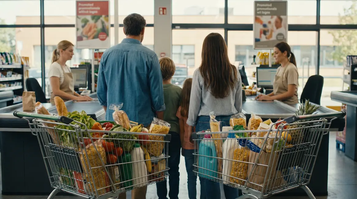 Famille en caisse avec promotions visibles au supermarché