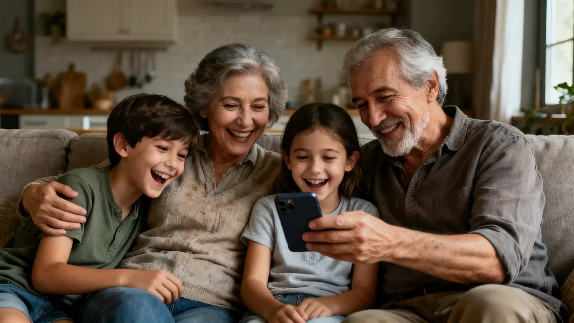 Trois générations rient autour smartphone