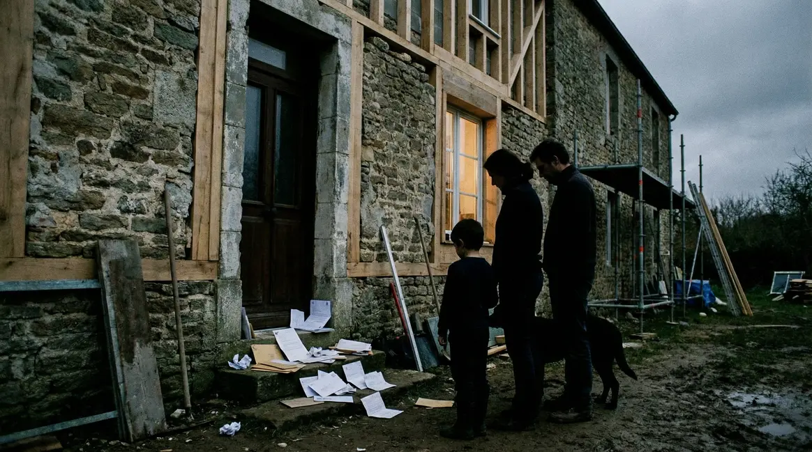 famille maison rénovée sous ciel gris avec documents expulsion