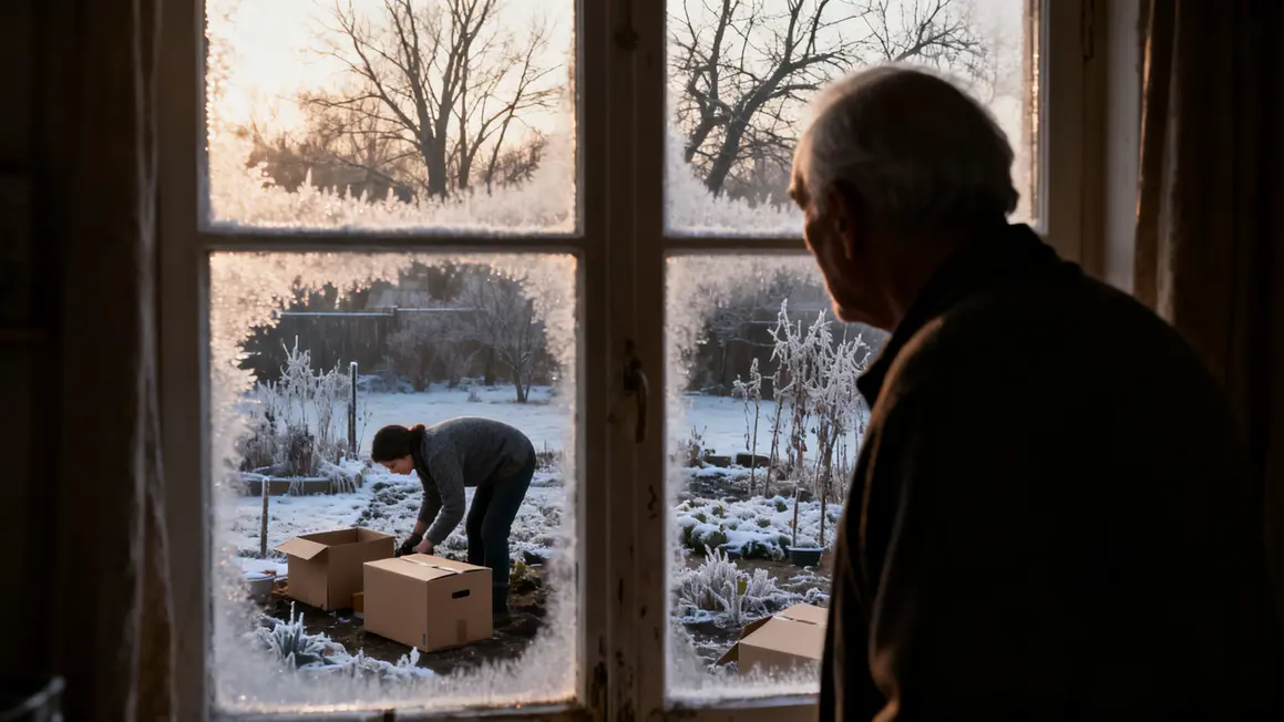 homme age femme travail cartons recyclage jardin hiver