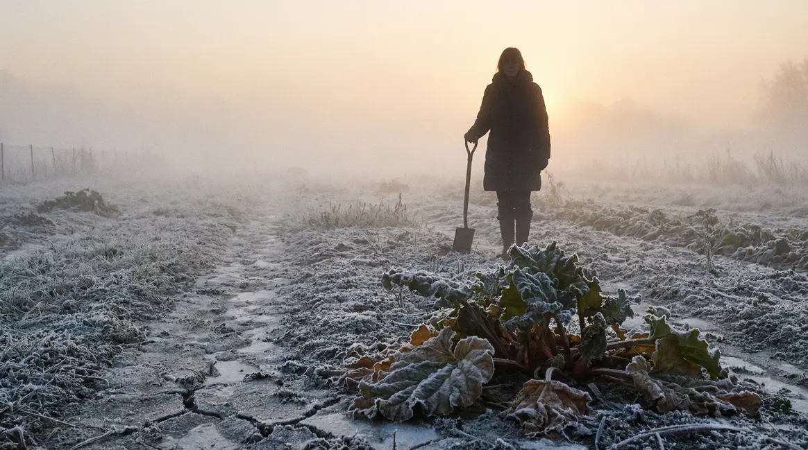 Femme bêche rhubarbe givre matin