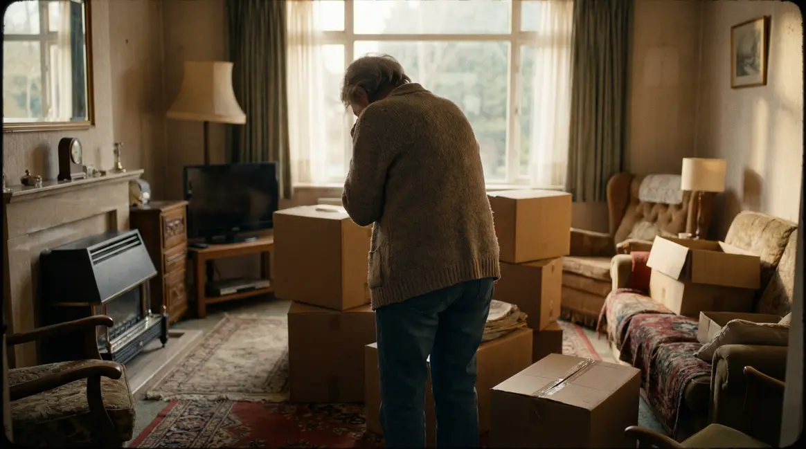 Femme âgée cartons déménagement maison transition retraite
