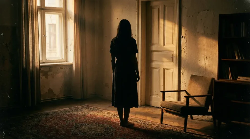 Femme en deuil dans appartement vide le soir
