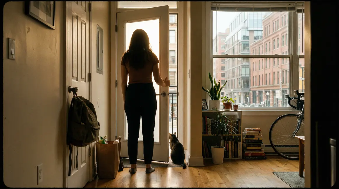 silhouette femme ouvrant porte appartement moderne