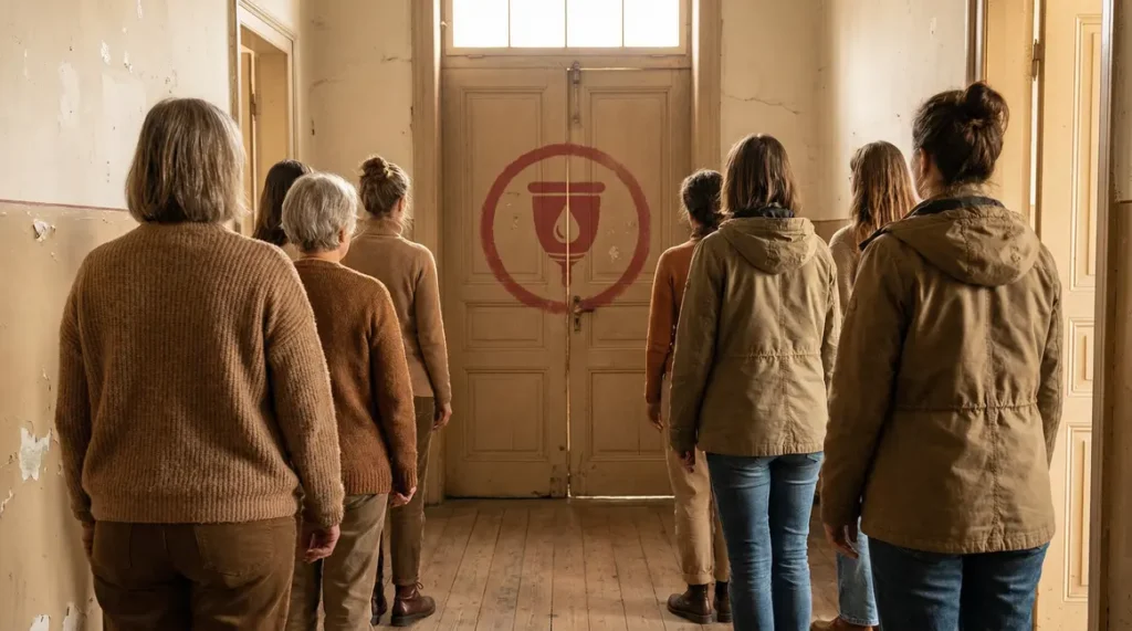 groupe de femmes de dos face a porte avec symbole protection menstruelle