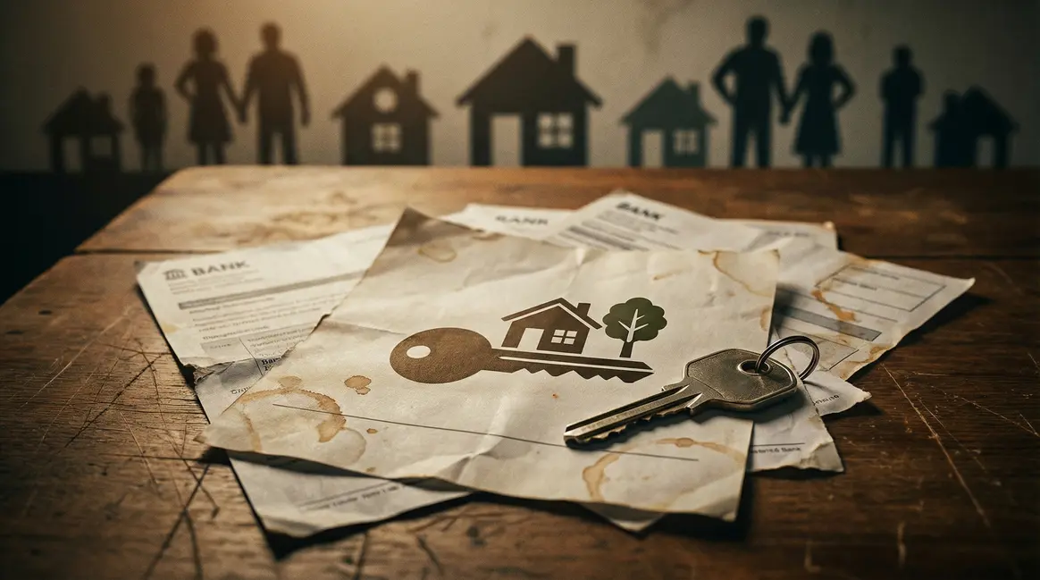 Clé maison sur documents, symbole épargne logement, ambiance anxieuse