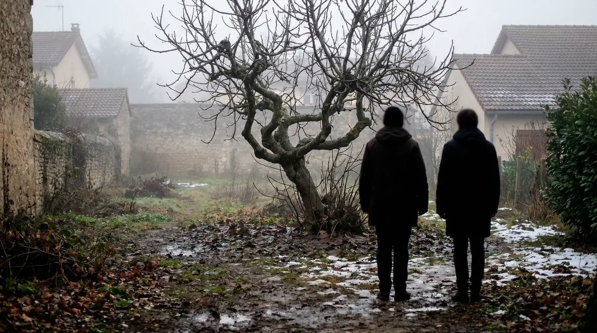 Jardin hiver figuier périphérie Lyon, deux silhouettes, ambiance froide