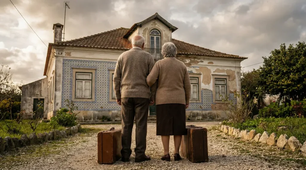 Couple seniors valises maison typique Portugal incertitude