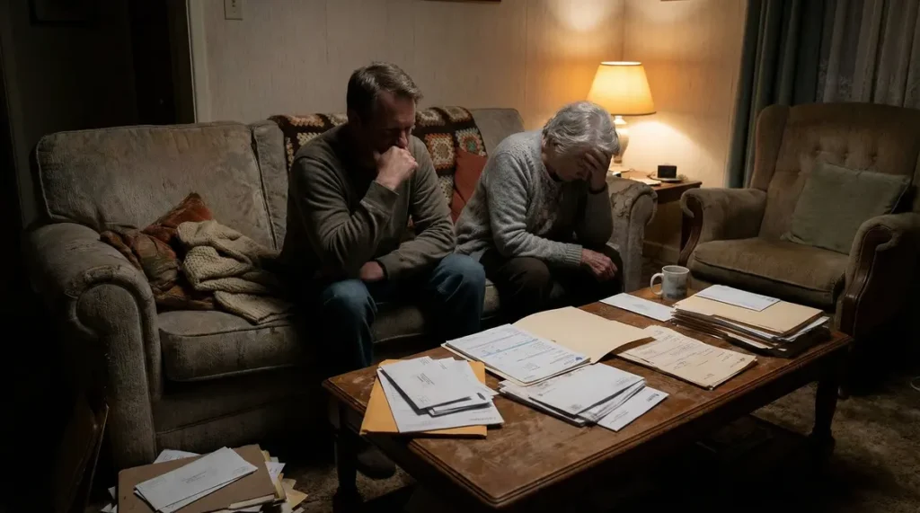 Adulte et senior, inquiets, assis avec papiers, lumière tamisée