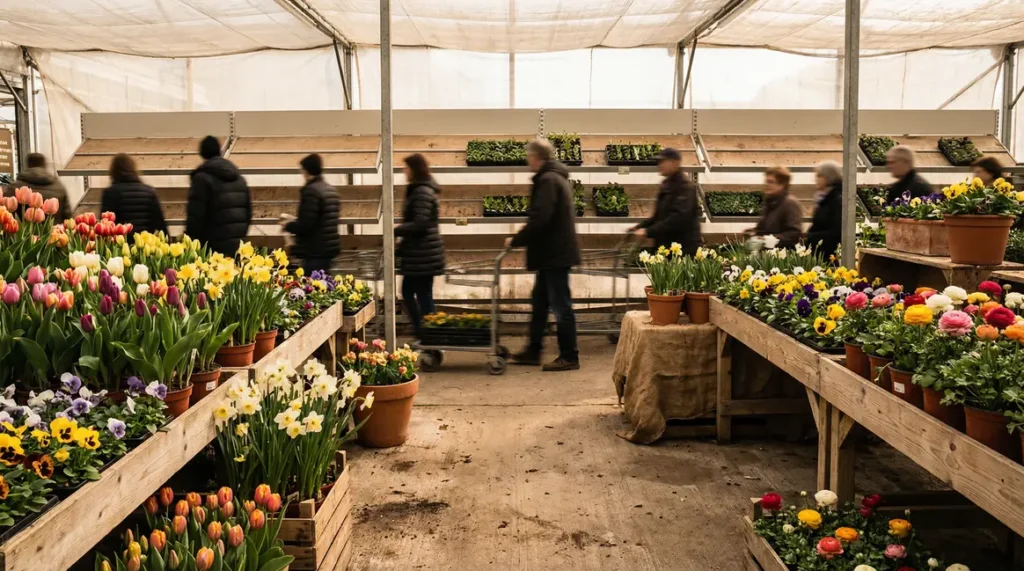 jardinerie printemps file attente plantes fleuries
