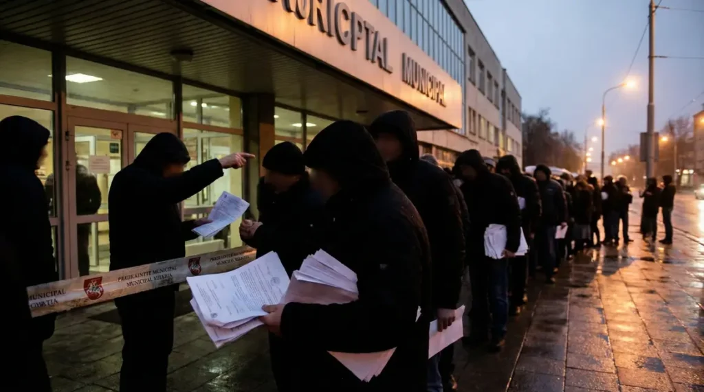 Scène fraude sociale devant bâtiment CAF Somme