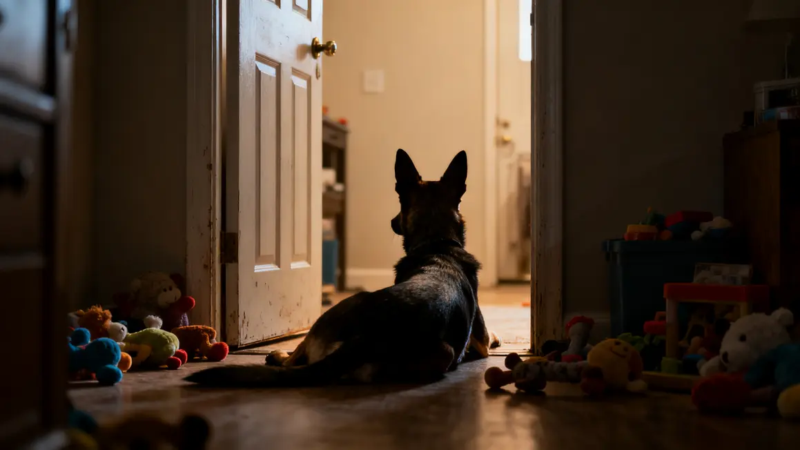 Chien allonge jouets inutilises derriere porte